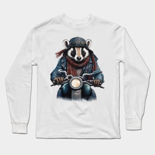 badger wearing a jackets hat and a scarf on a motorcycle Long Sleeve T-Shirt